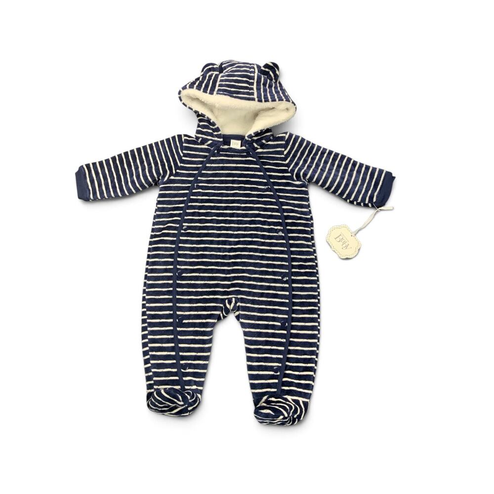 NWT Nordstrom Baby 6M Hooded Bunting Navy Stripe Faux Fur Footed Snowsuit